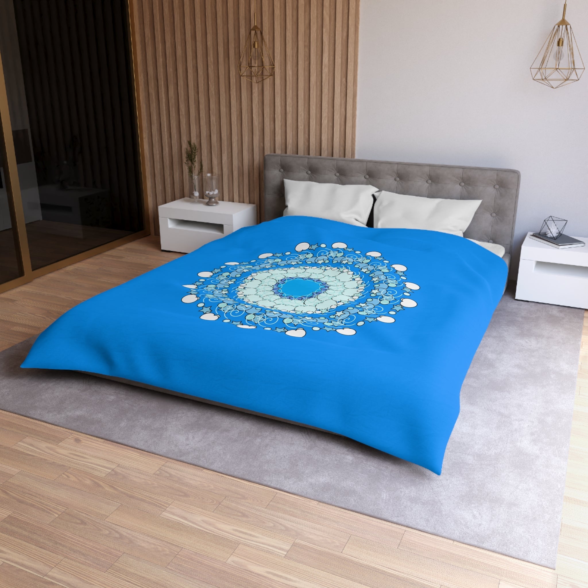 Christmas Snowflakes Microfiber Duvet Cover for Kids' Bed - Mandala Art Drawn by Hand - Mandala on Sky Blue background - Blululi