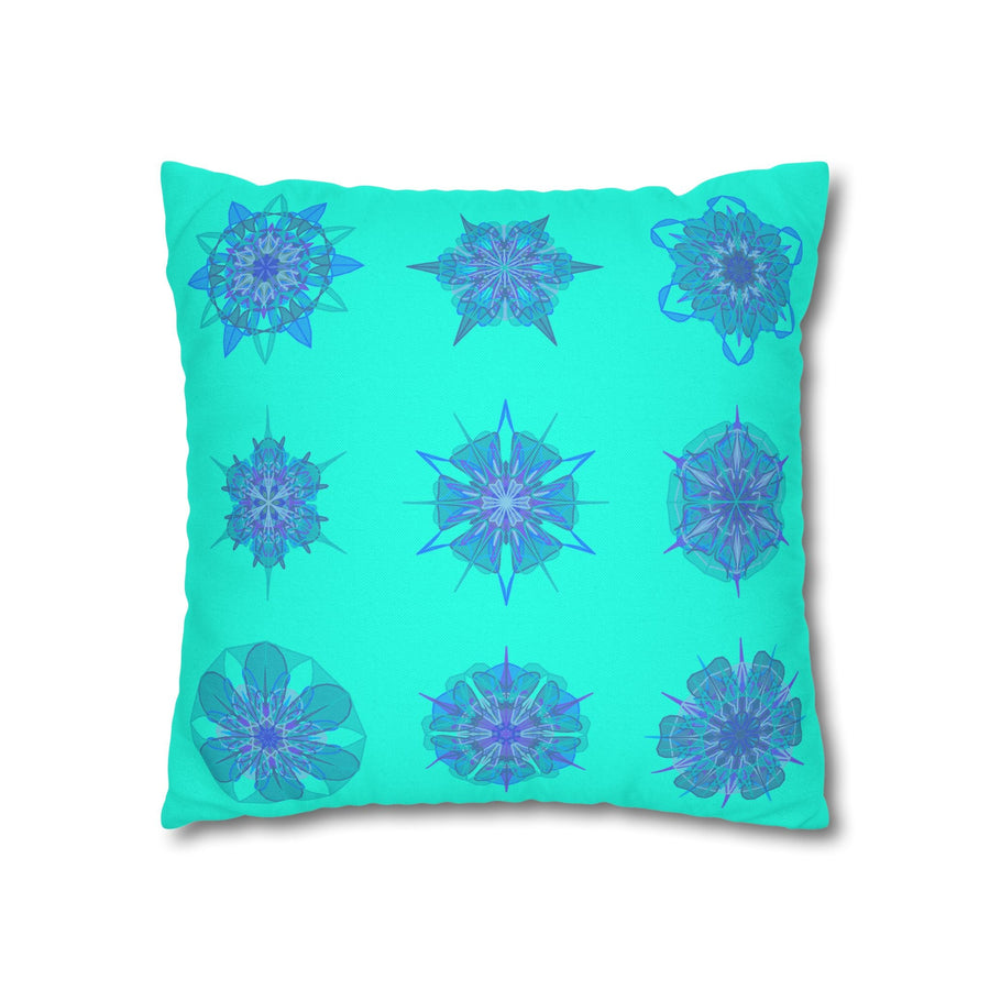Christmas Snowflakes pillowcase for bed - Spun Polyester Square Pillowcase Mandala Art - Original Fine Art - Hand - drawn, Aqua - Blululi