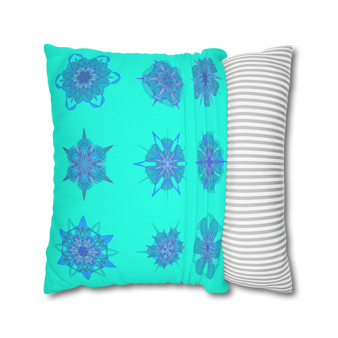 Christmas Snowflakes pillowcase for bed - Spun Polyester Square Pillowcase Mandala Art - Original Fine Art - Hand - drawn, Aqua - Blululi