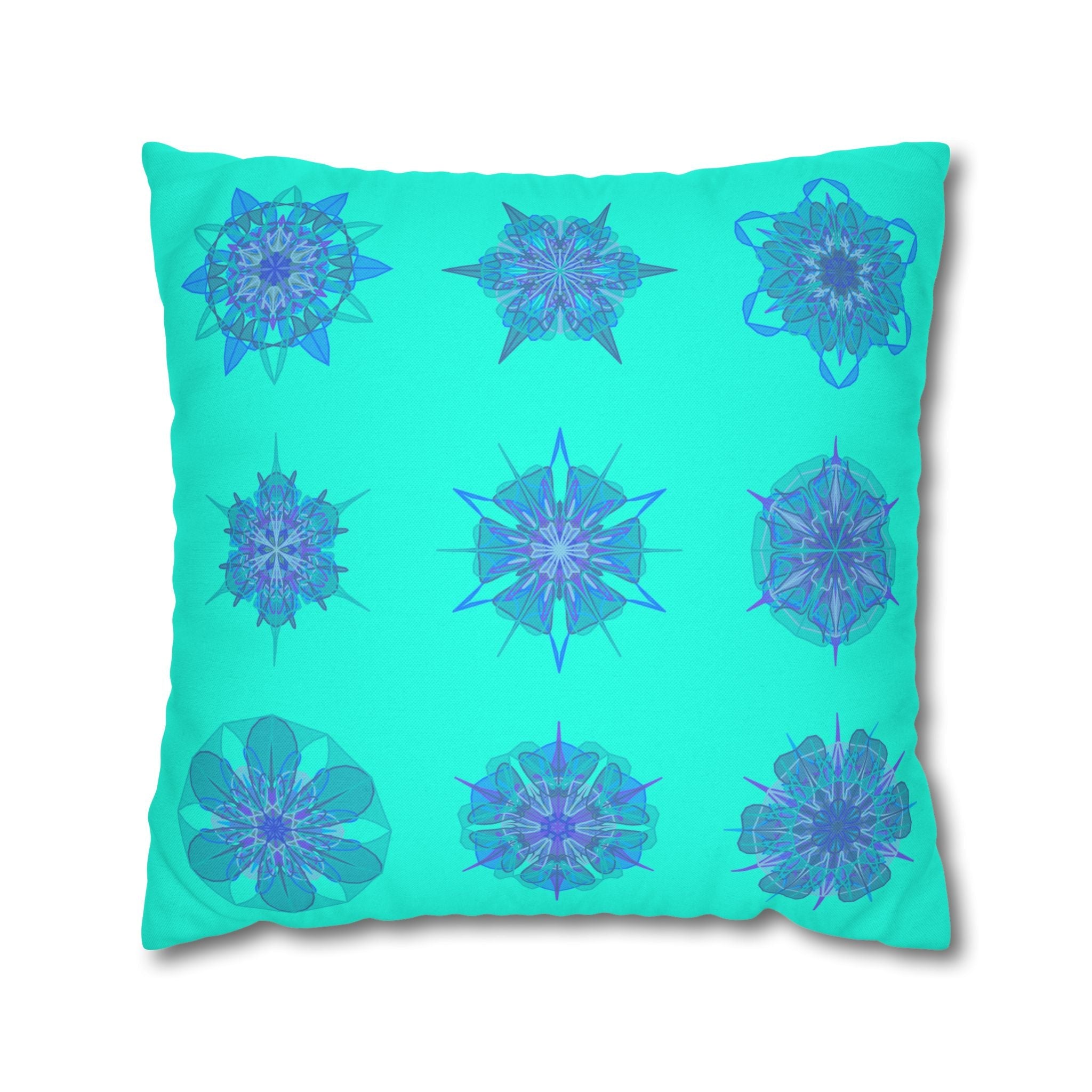 Christmas Snowflakes pillowcase for bed - Spun Polyester Square Pillowcase Mandala Art - Original Fine Art - Hand - drawn, Aqua - Blululi