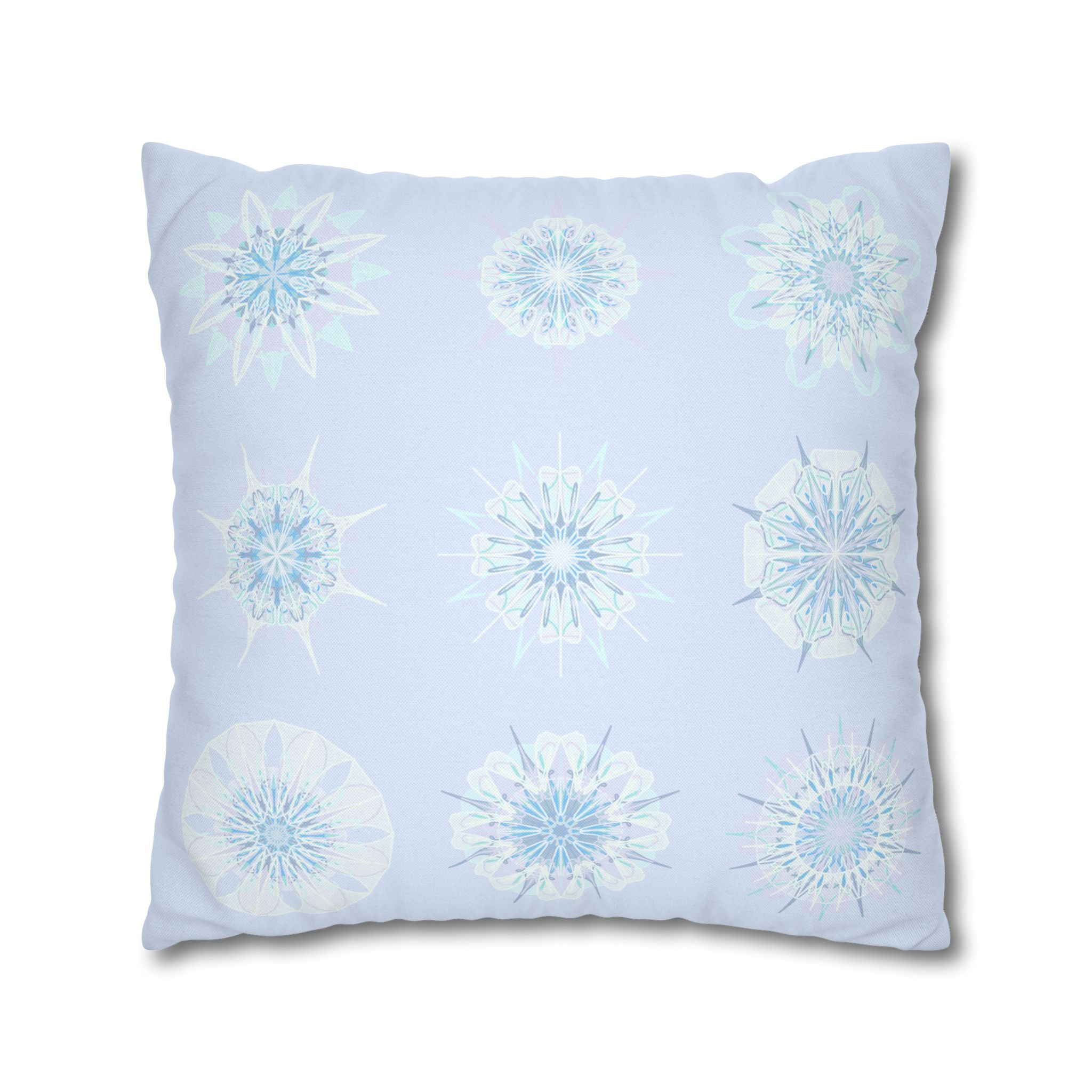 Christmas Snowflakes pillowcase for bed - Spun Polyester Square Pillowcase Mandala Art - Original Fine Art - Hand - drawn, Icy Blue - Blululi