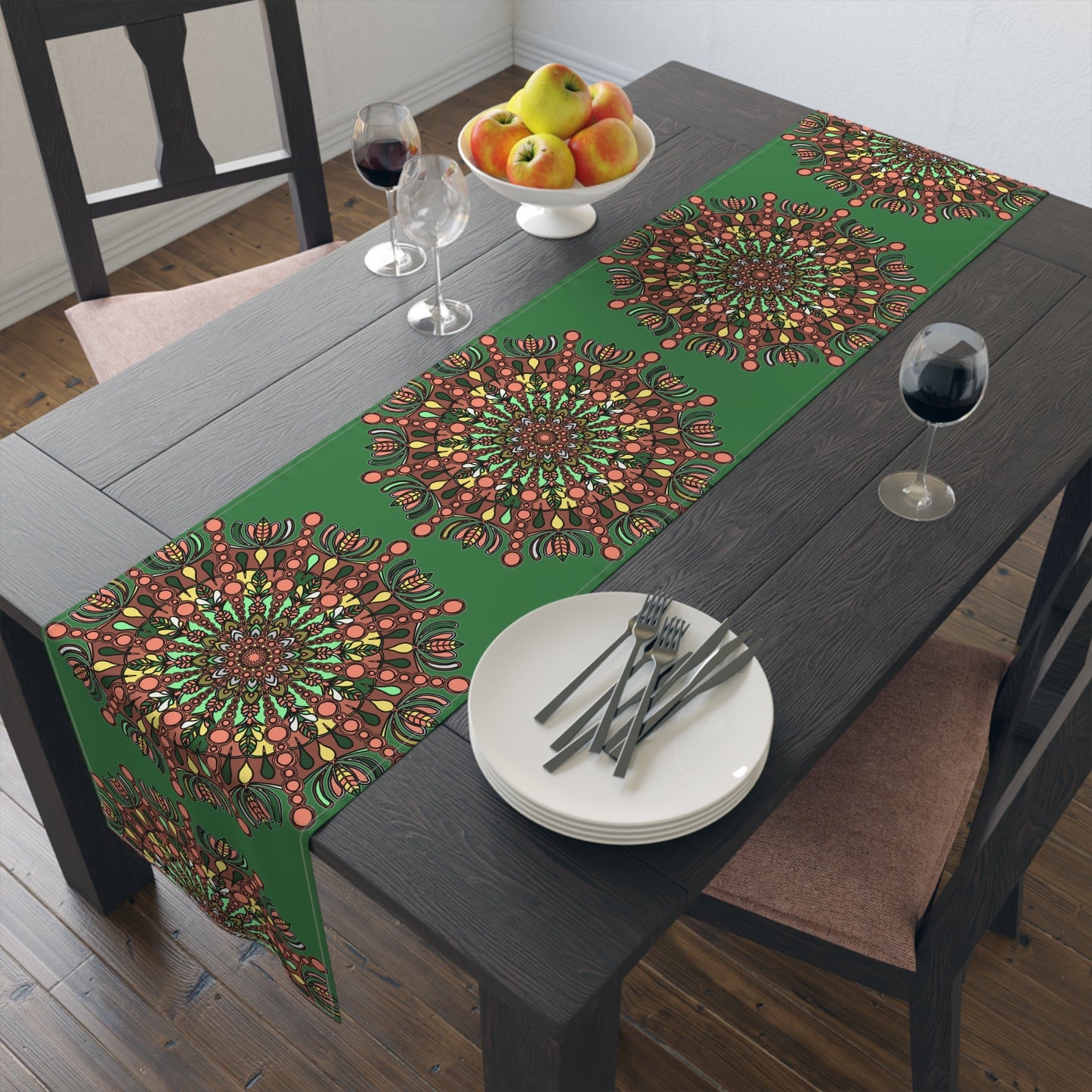 Christmas Table Runner with Mandala Art Drawn by Hand - Green (Cotton, Poly) - Blululi