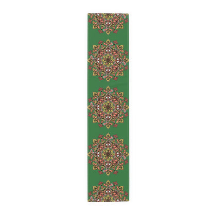 Christmas Table Runner with Mandala Art Drawn by Hand - Green (Cotton, Poly) - Blululi