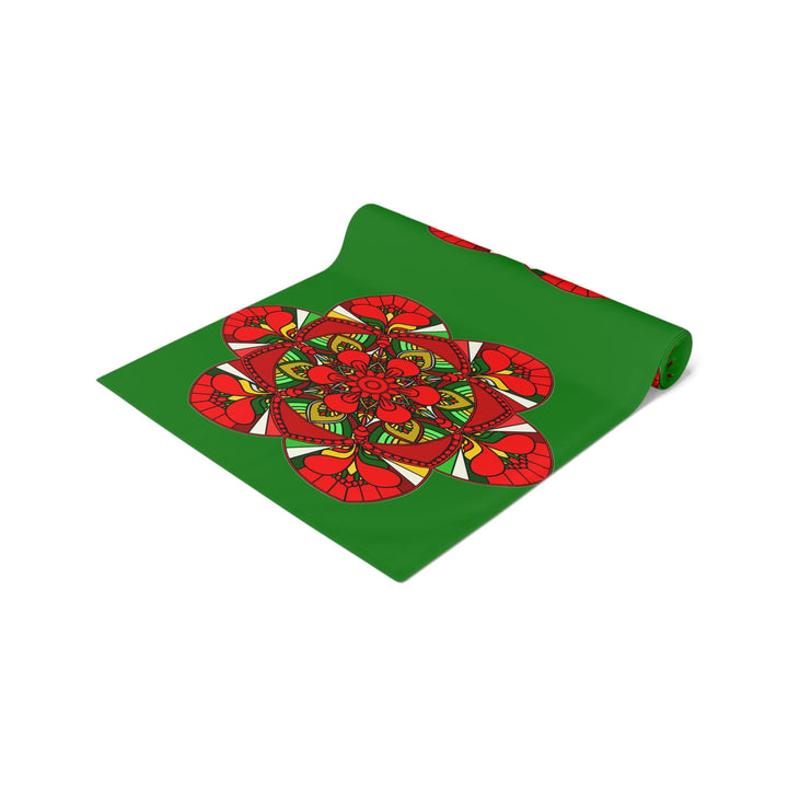 Christmas Table Runner with Mandala Art Drawn by Hand - Green (Cotton, Poly) - Blululi