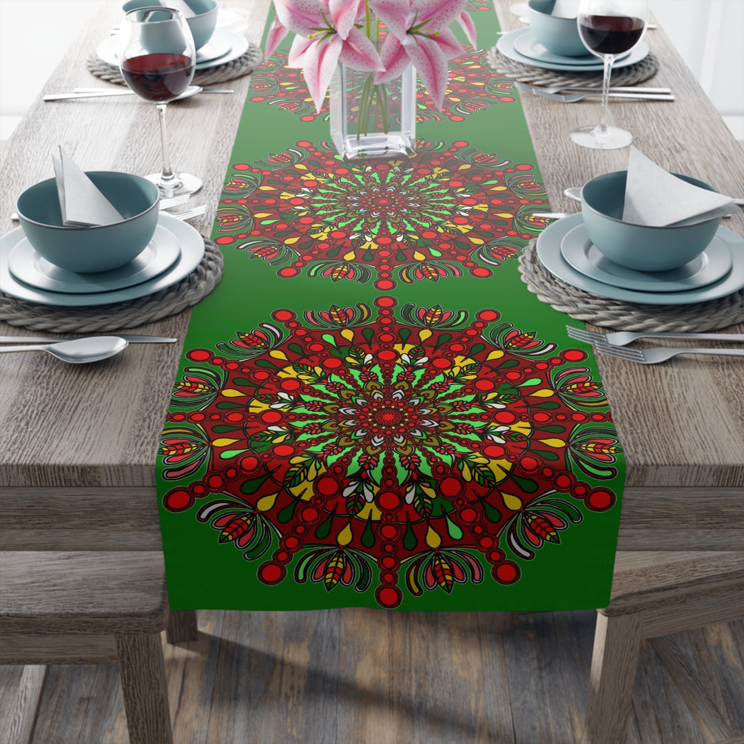 Christmas Table Runner with Mandala Art Drawn by Hand - Green (Cotton, Poly) - Blululi