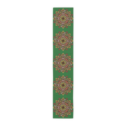 Christmas Table Runner with Mandala Art Drawn by Hand - Green (Cotton, Poly) - Blululi