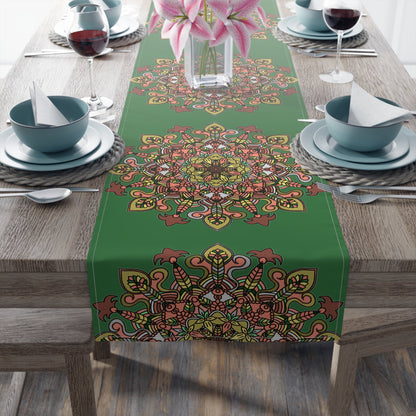 Christmas Table Runner with Mandala Art Drawn by Hand - Green (Cotton, Poly) - Blululi