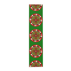 Christmas Table Runner with Mandala Art Drawn by Hand - Green (Cotton, Poly) - Blululi