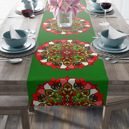 Christmas Table Runner with Mandala Art Drawn by Hand - Green (Cotton, Poly) - Blululi