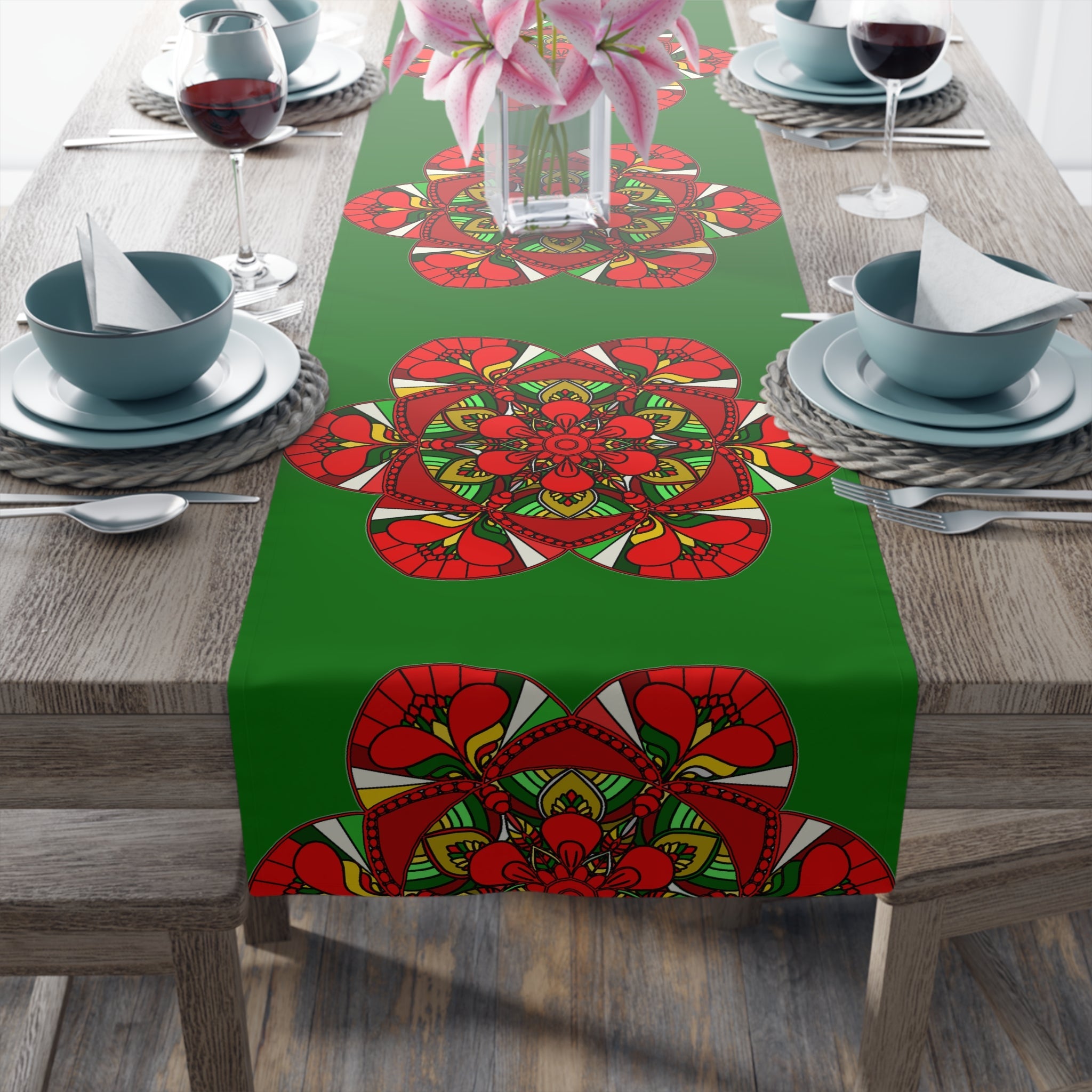 Christmas Table Runner with Mandala Art Drawn by Hand - Green (Cotton, Poly) - Blululi