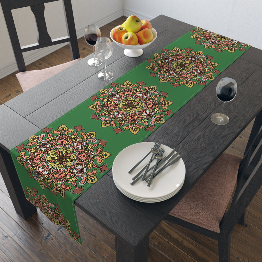 Christmas Table Runner with Mandala Art Drawn by Hand - Green (Cotton, Poly) - Blululi