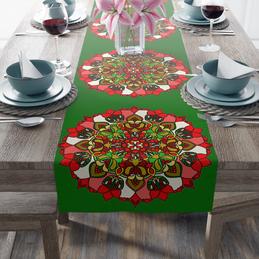 Christmas Table Runner with Mandala Art Drawn by Hand - Green (Cotton, Poly) - Blululi