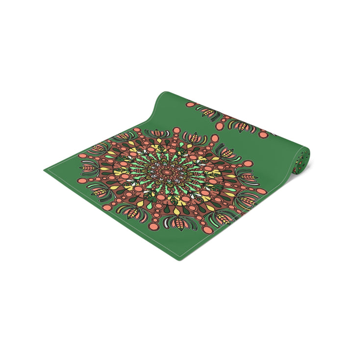 Christmas Table Runner with Mandala Art Drawn by Hand - Green (Cotton, Poly) - Blululi