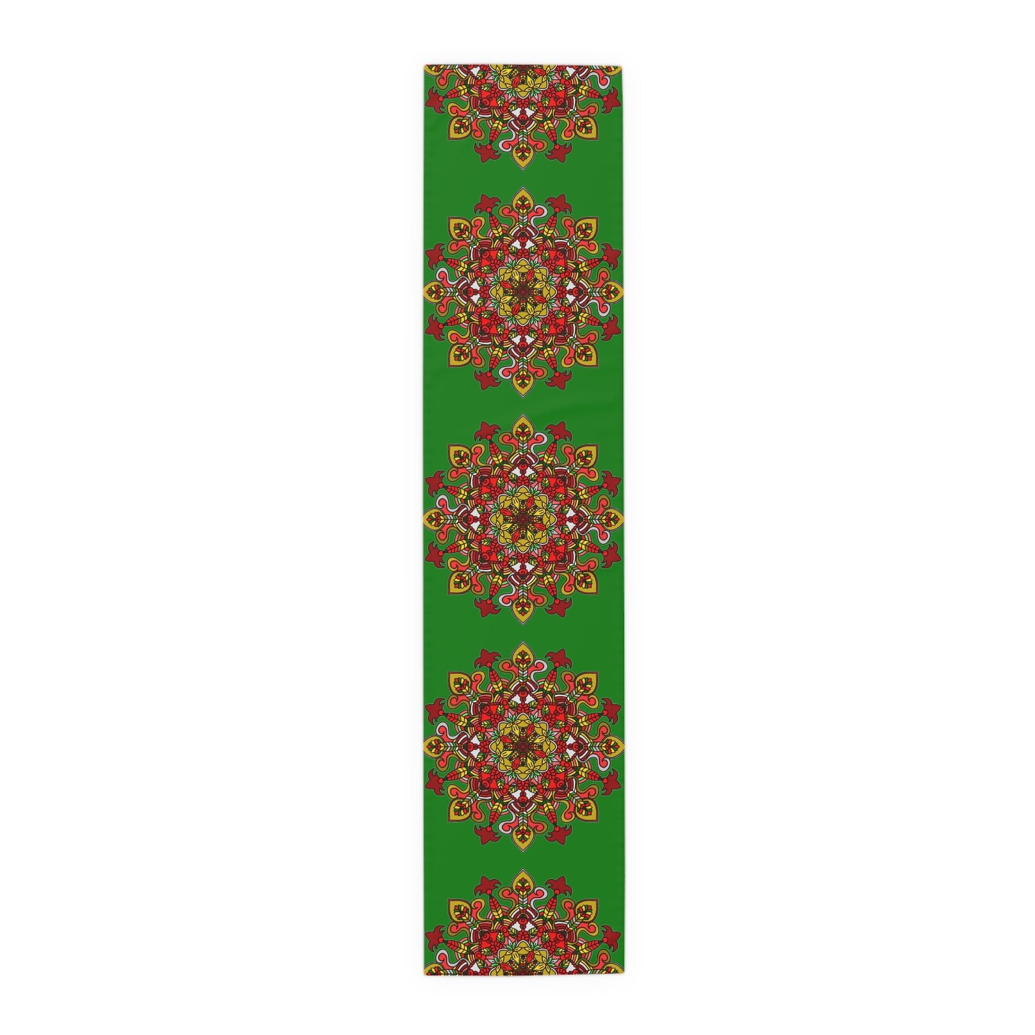 Christmas Table Runner with Mandala Art Drawn by Hand - Green (Cotton, Poly) - Blululi