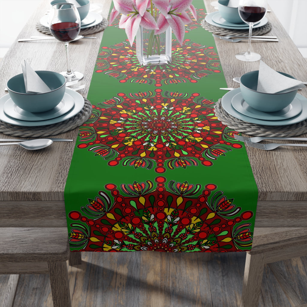 Christmas Table Runner with Mandala Art Drawn by Hand - Green (Cotton, Poly) - Blululi