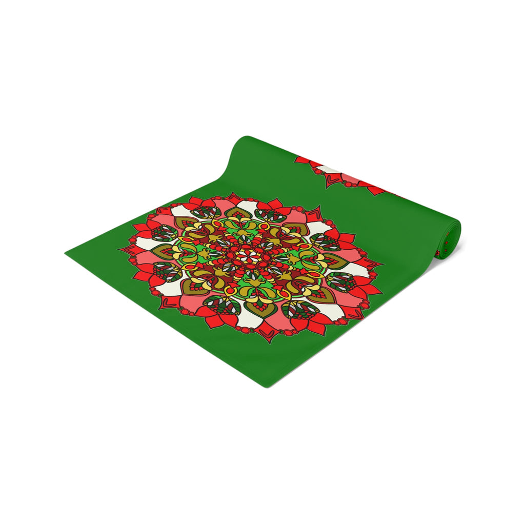 Christmas Table Runner with Mandala Art Drawn by Hand - Green (Cotton, Poly) - Blululi