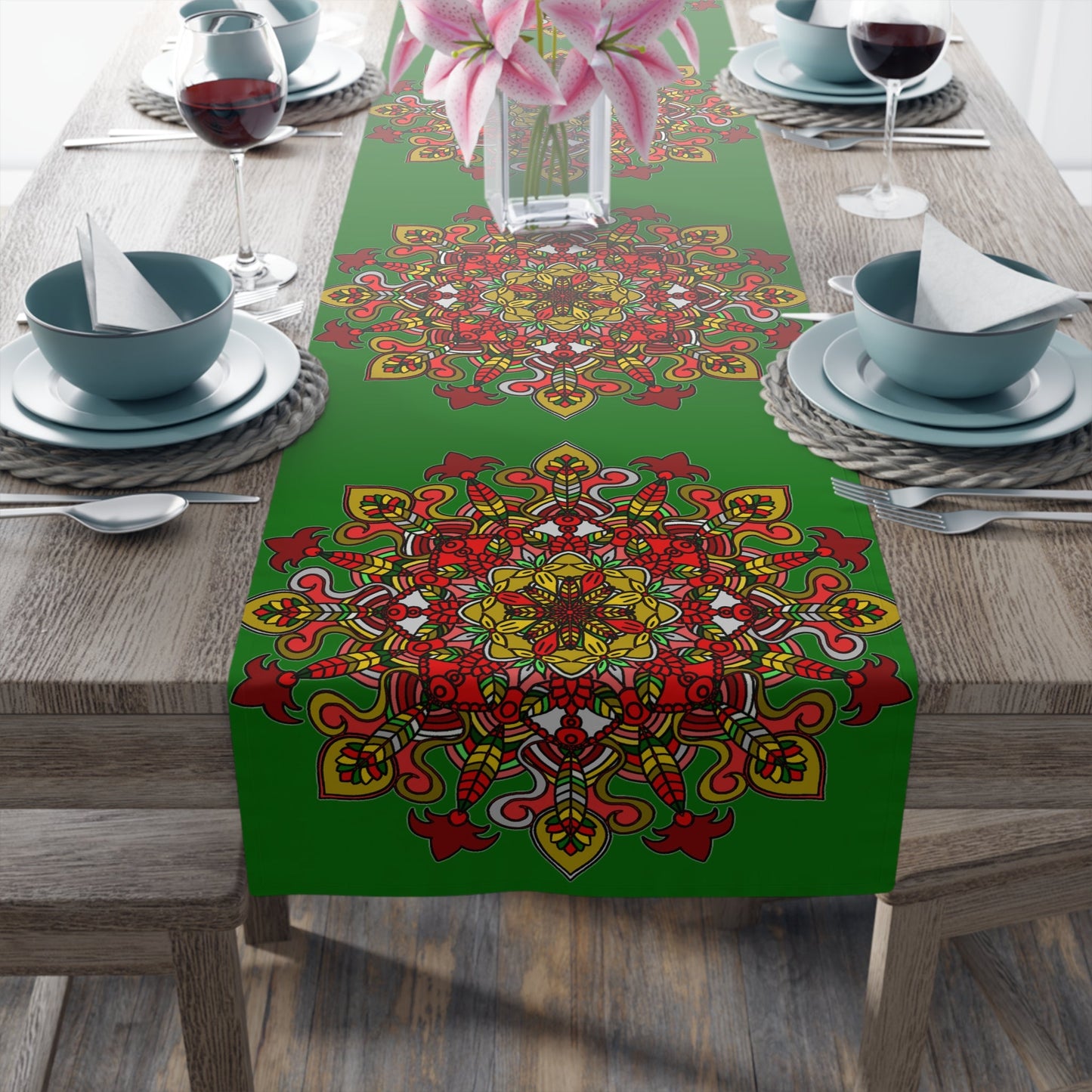 Christmas Table Runner with Mandala Art Drawn by Hand - Green (Cotton, Poly) - Blululi