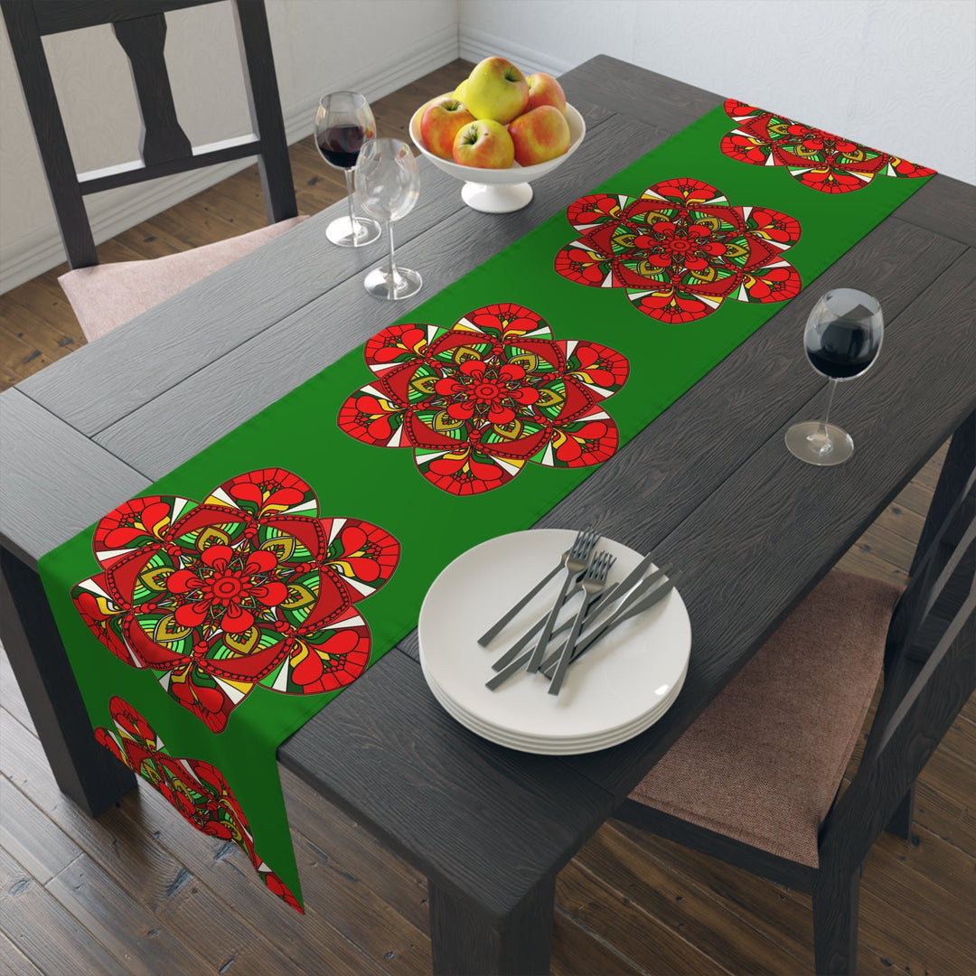 Christmas Table Runner with Mandala Art Drawn by Hand - Green (Cotton, Poly) - Blululi