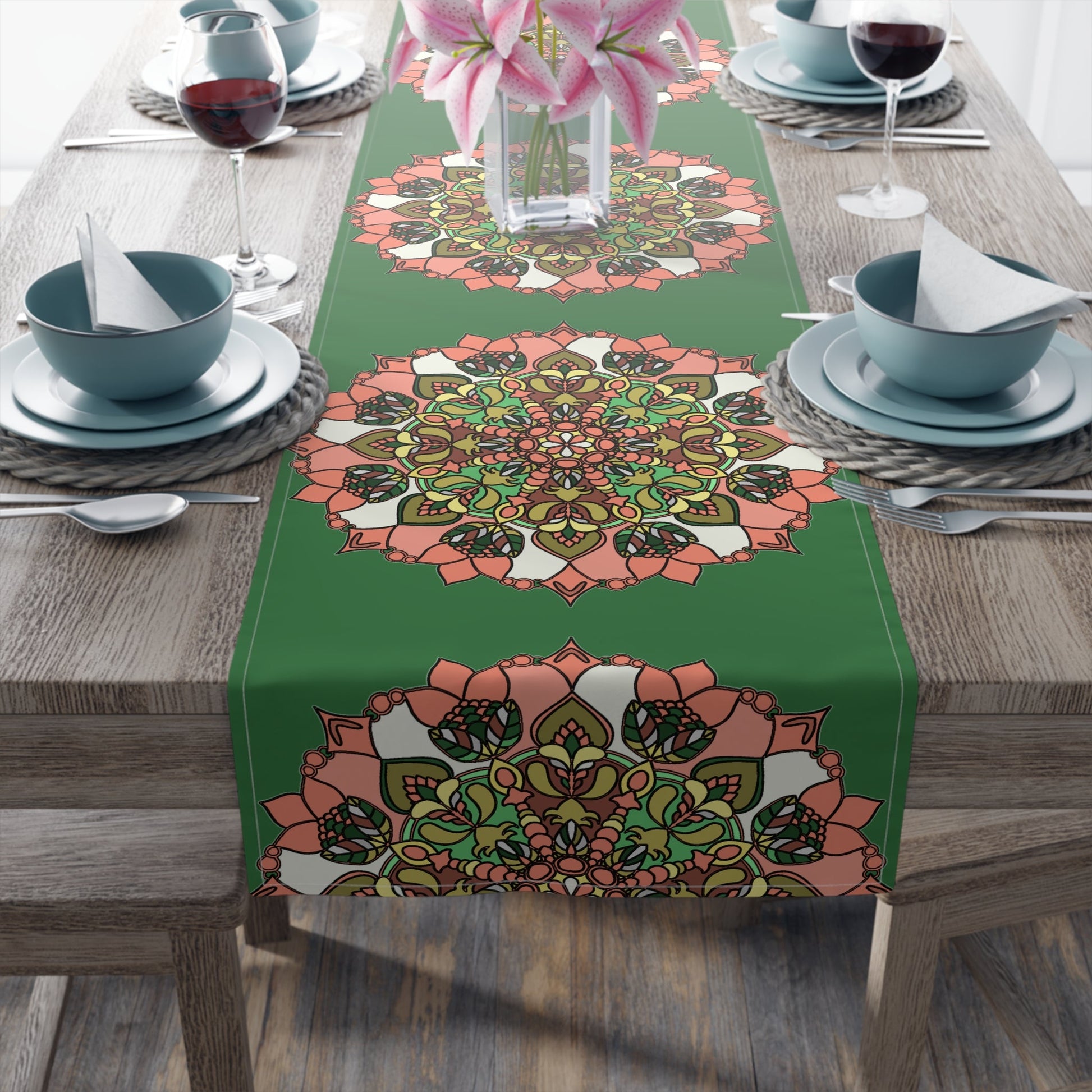 Christmas Table Runner with Mandala Art Drawn by Hand - Green (Cotton, Poly) - Blululi