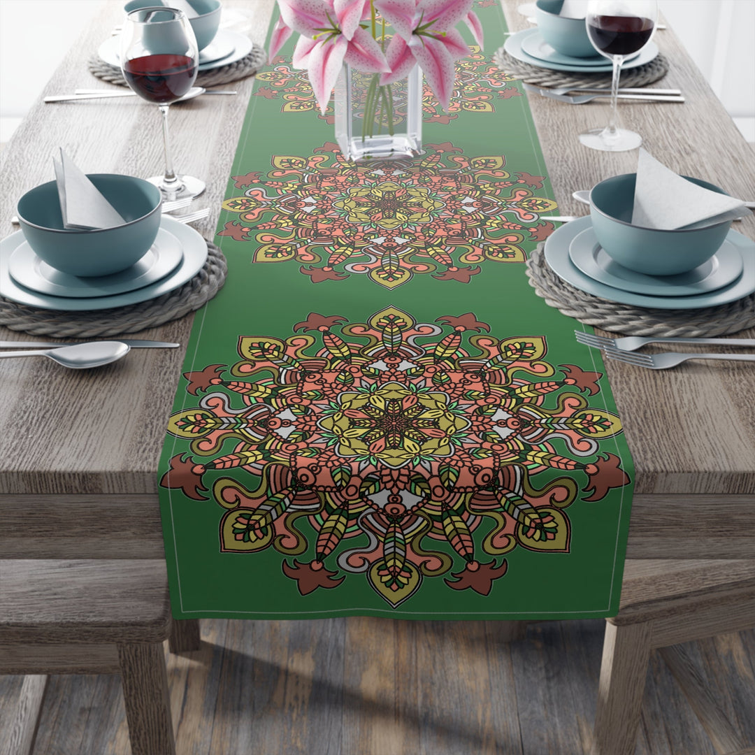 Christmas Table Runner with Mandala Art Drawn by Hand - Green (Cotton, Poly) - Blululi