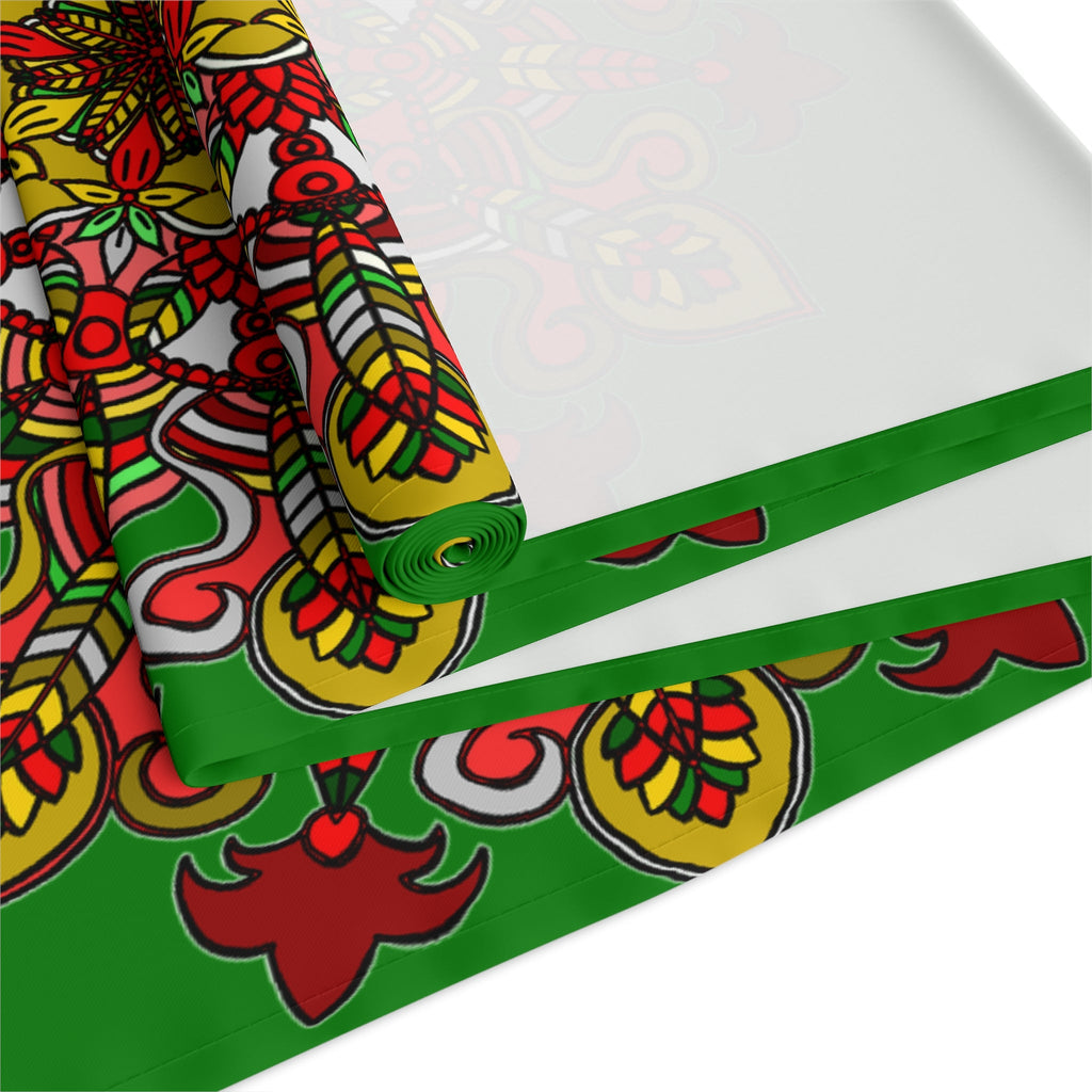 Christmas Table Runner with Mandala Art Drawn by Hand - Green (Cotton, Poly) - Blululi