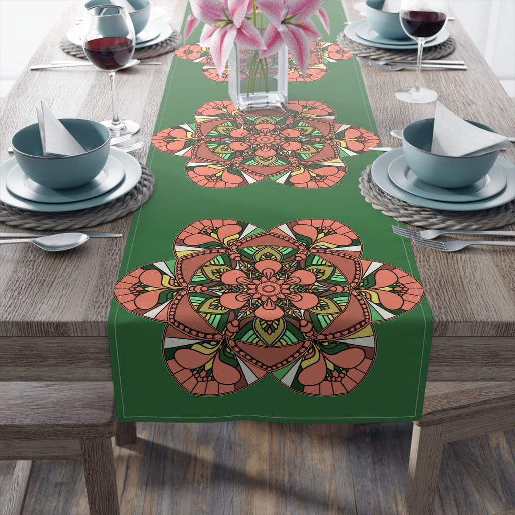 Christmas Table Runner with Mandala Art Drawn by Hand - Green (Cotton, Poly) - Blululi