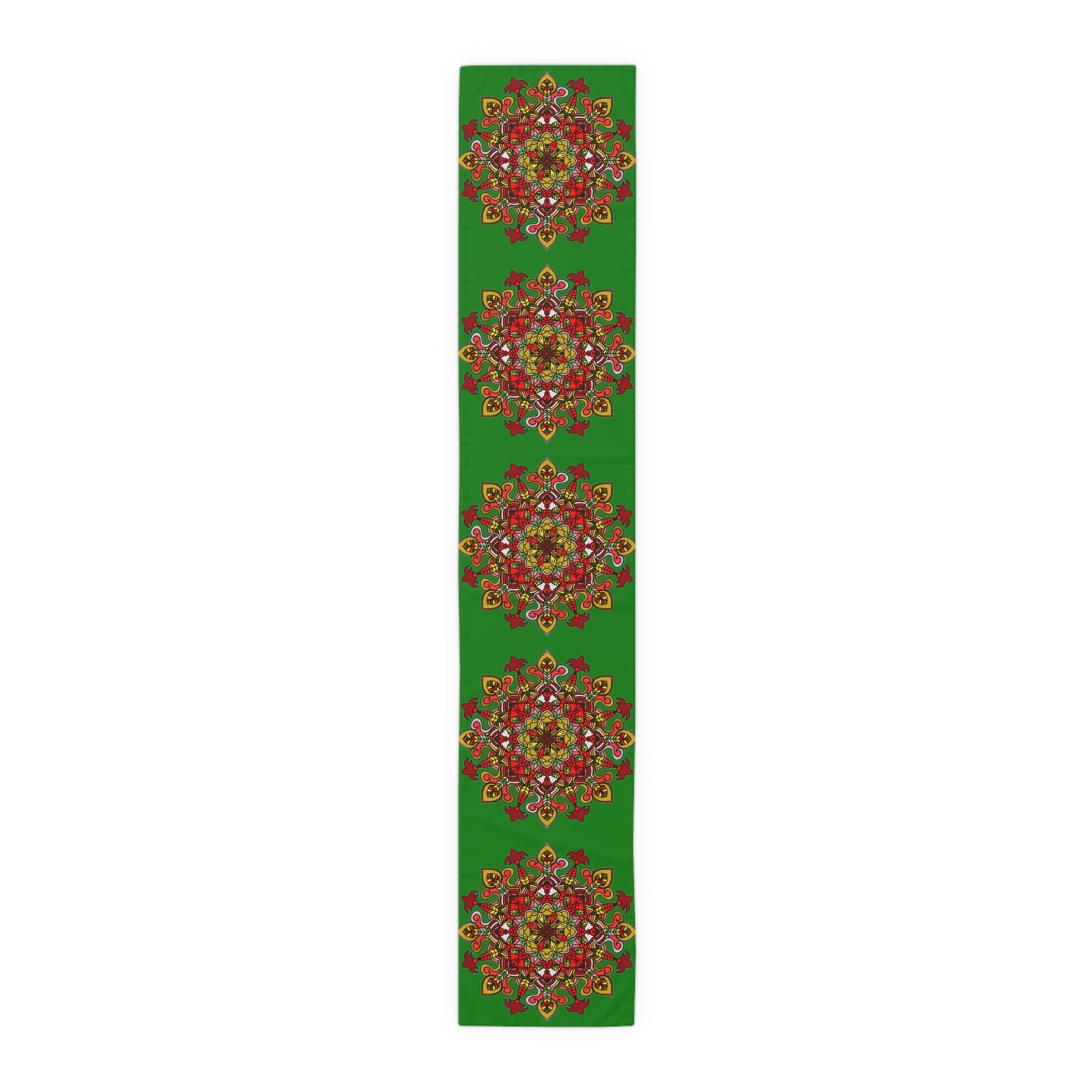 Christmas Table Runner with Mandala Art Drawn by Hand - Green (Cotton, Poly) - Blululi