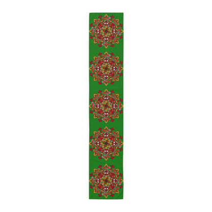 Christmas Table Runner with Mandala Art Drawn by Hand - Green (Cotton, Poly) - Blululi