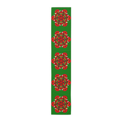 Christmas Table Runner with Mandala Art Drawn by Hand - Green (Cotton, Poly) - Blululi