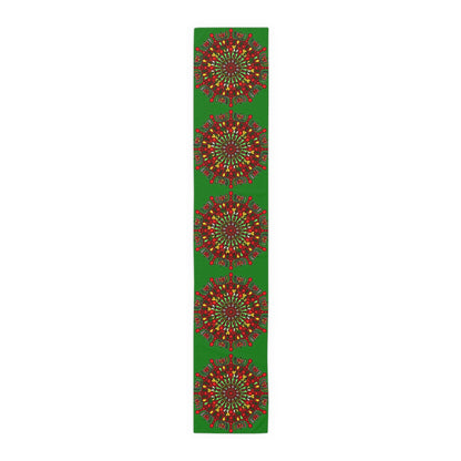 Christmas Table Runner with Mandala Art Drawn by Hand - Green (Cotton, Poly) - Blululi