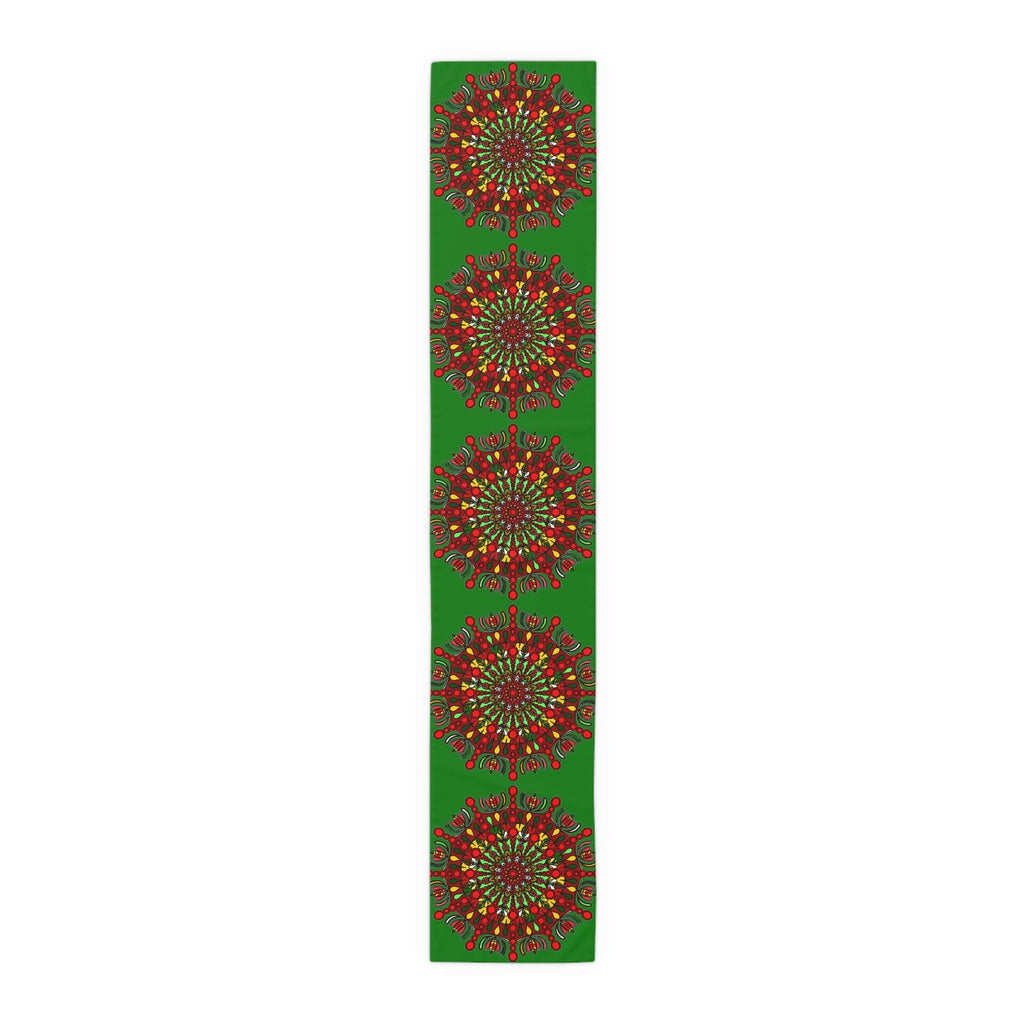 Christmas Table Runner with Mandala Art Drawn by Hand - Green (Cotton, Poly) - Blululi