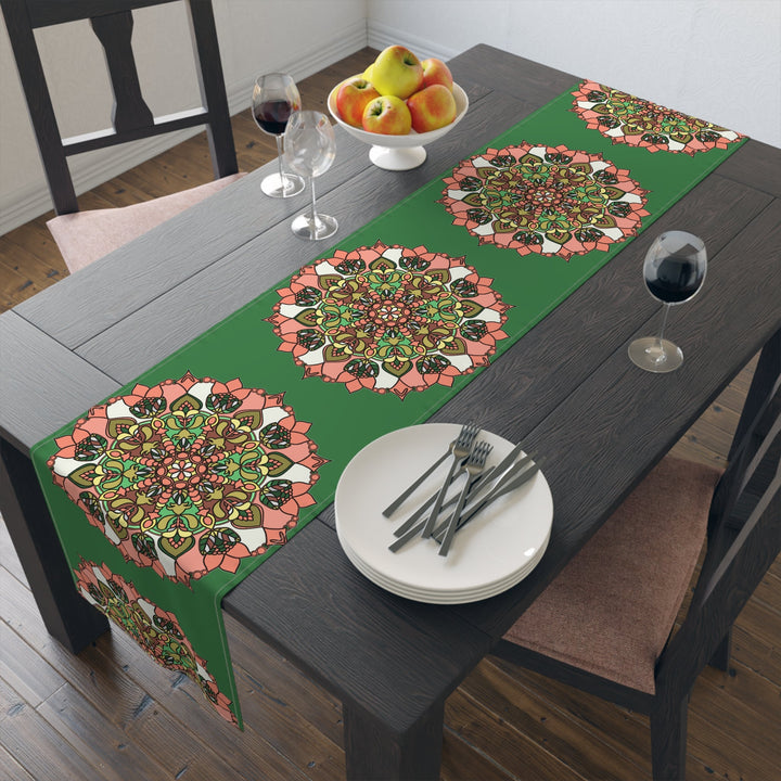 Christmas Table Runner with Mandala Art Drawn by Hand - Green (Cotton, Poly) - Blululi