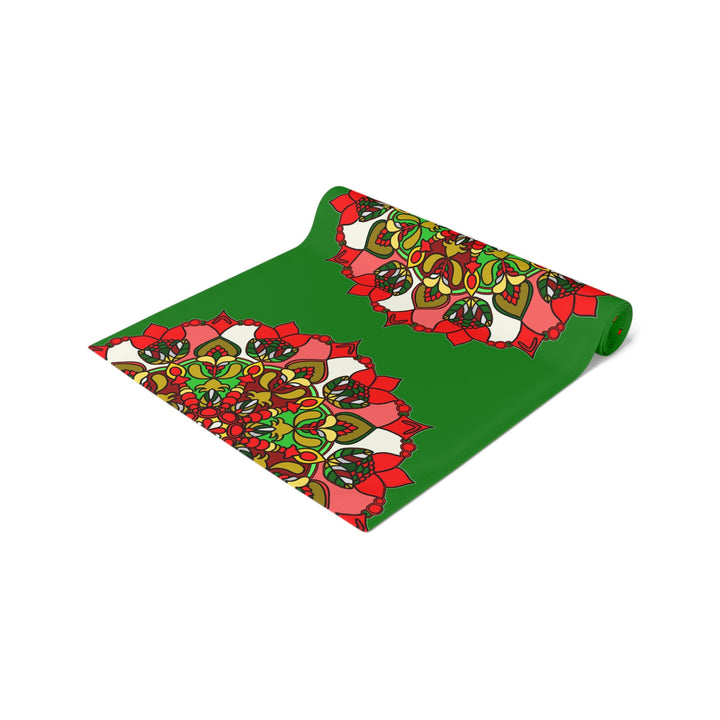 Christmas Table Runner with Mandala Art Drawn by Hand - Green (Cotton, Poly) - Blululi