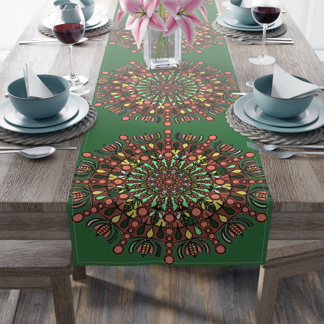 Christmas Table Runner with Mandala Art Drawn by Hand - Green (Cotton, Poly) - Blululi