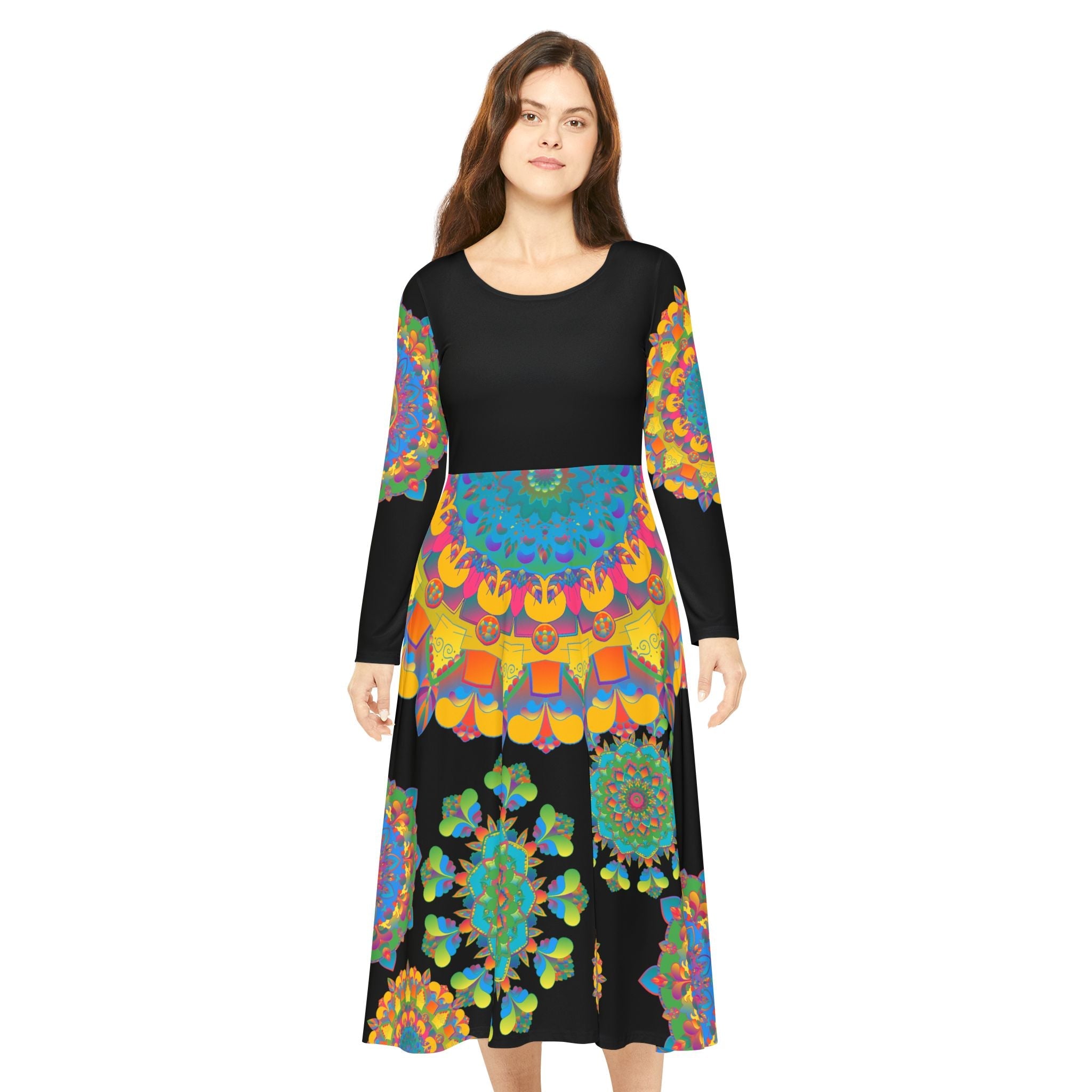 Colorful Mandala Women's Long Sleeve Dance Dress - Boho Hippie Festival Clothing All Over Prints - Blululi