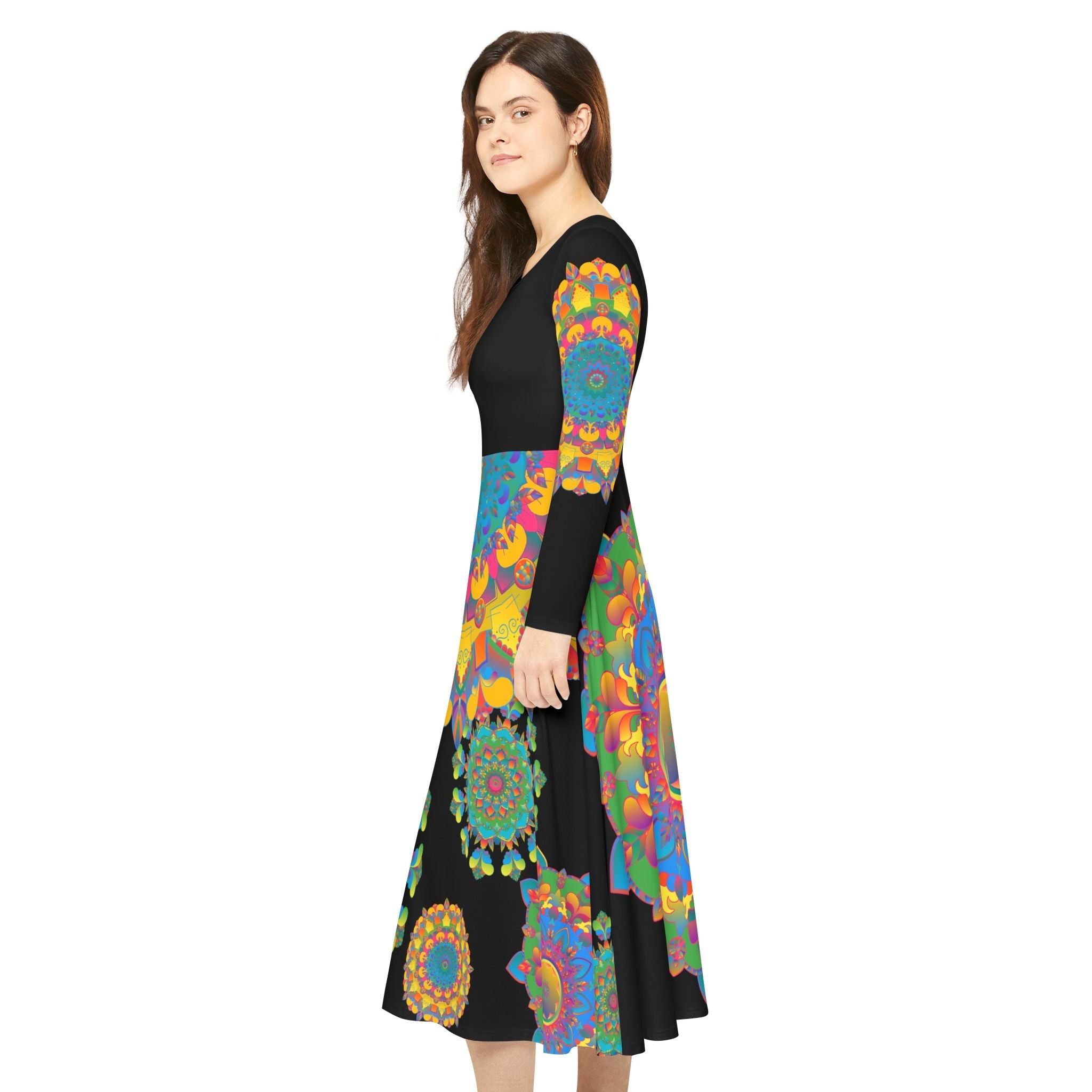 Colorful Mandala Women's Long Sleeve Dance Dress - Boho Hippie Festival Clothing All Over Prints - Blululi