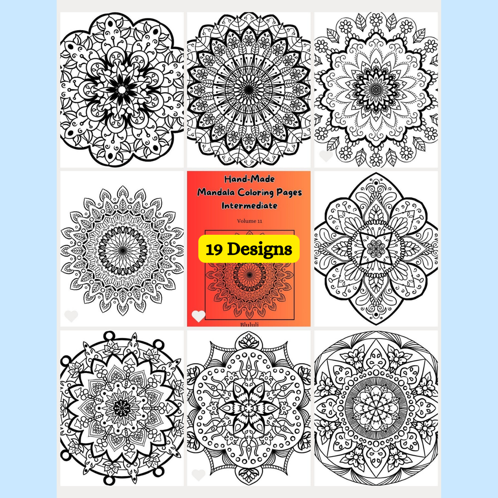 Mandala coloring pages with a book titled 'Hand Made Mandalas Coloring Pages Intermediate' featuring 19 designs.
