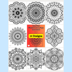 Mandala coloring pages with a book titled 'Hand Made Mandalas Coloring Pages Intermediate' featuring 19 designs.