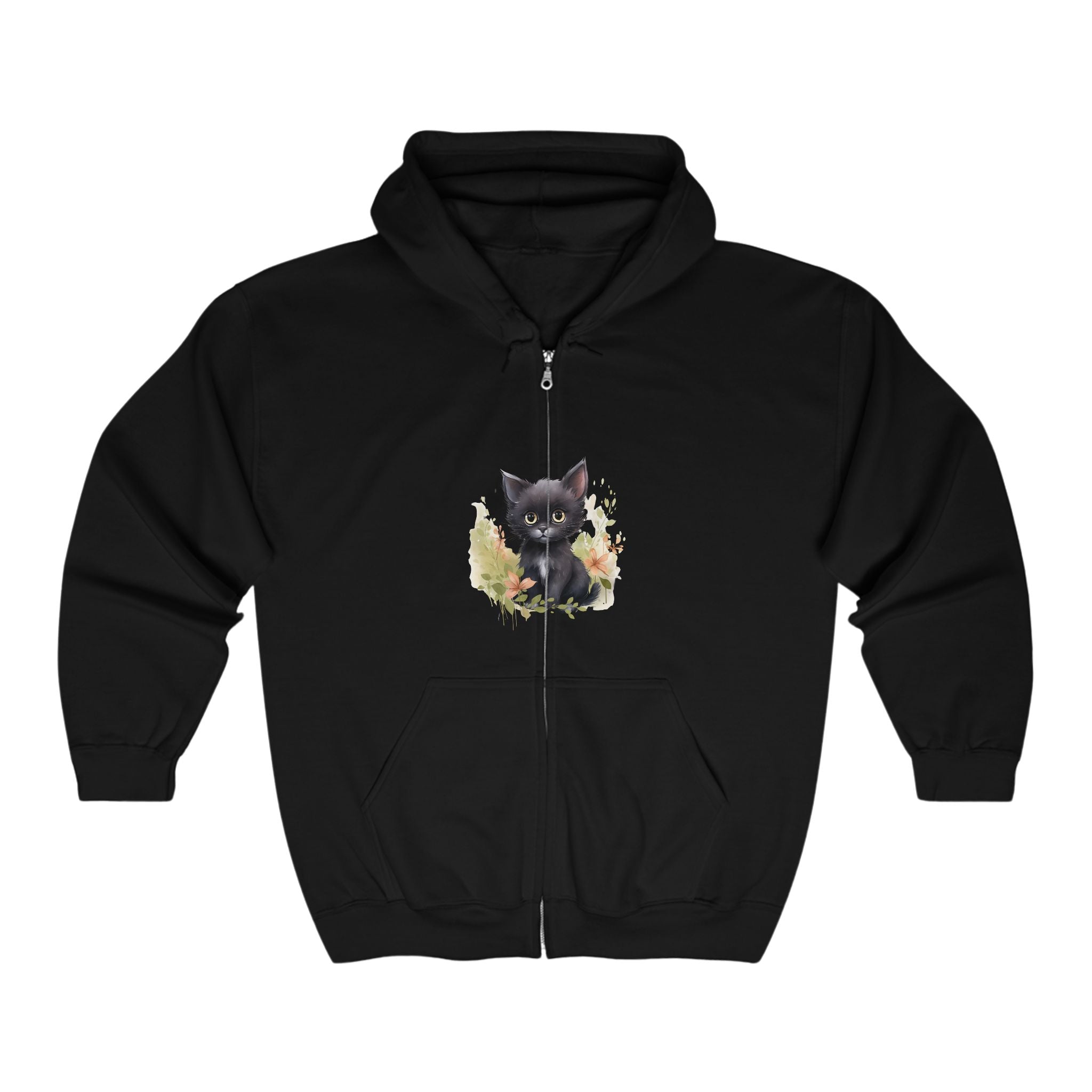 Curious Kitten Hoodie - Black Cat & Flowers Hoodie - Blululi