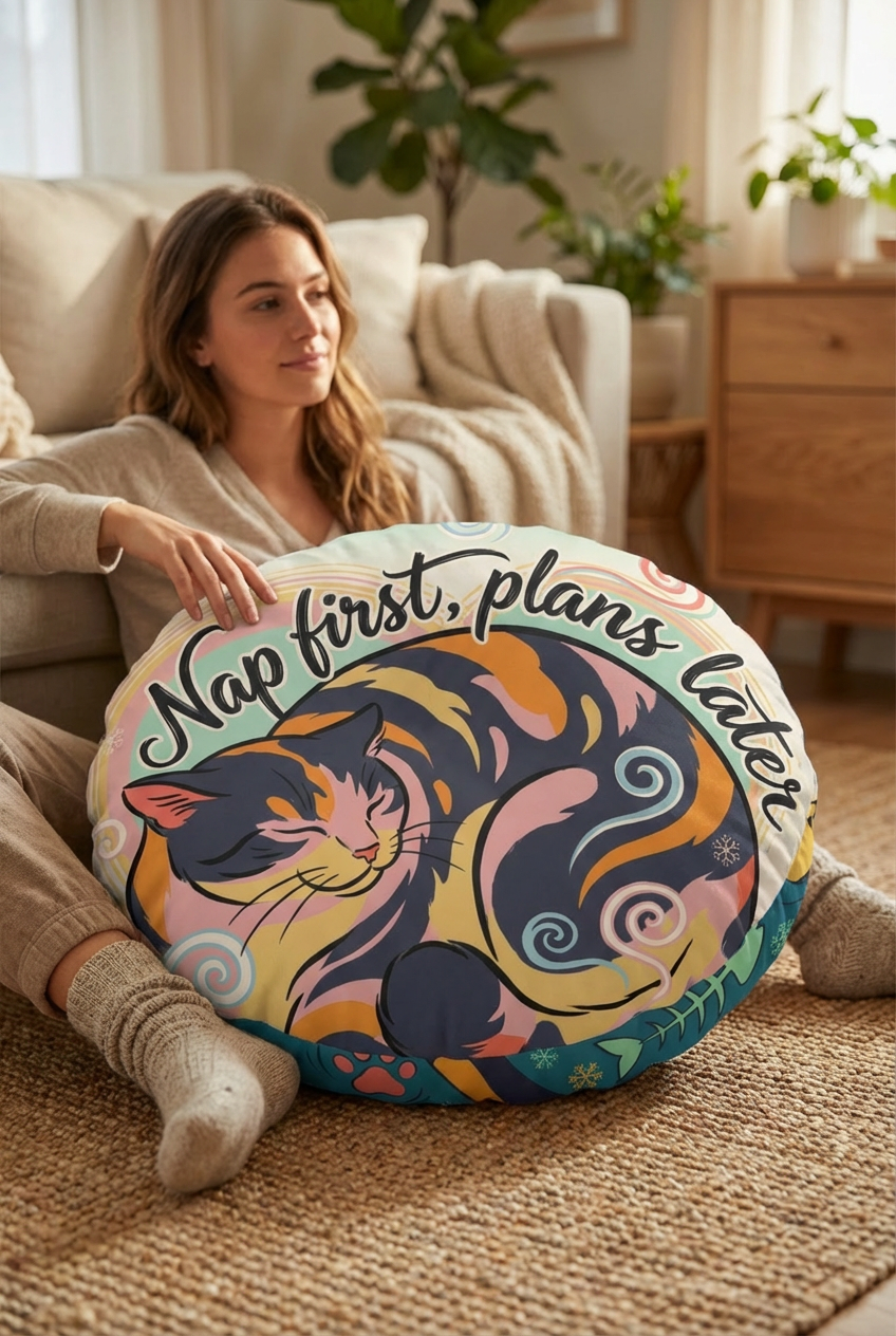 Winter cozy kitten in Ukiyo-e rhythm round floor pillow featuring teal and coral colors, lifestyle close-up in a reading nook with a cat-centered design and bold calligraphy, showing the pillow in use in a cozy living space.