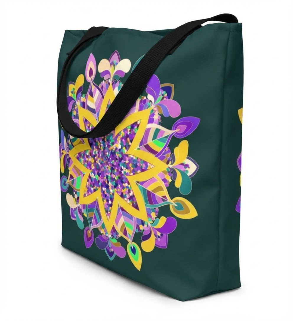 Mandala Tote Bag in Dark Green With Joyful Floral Design