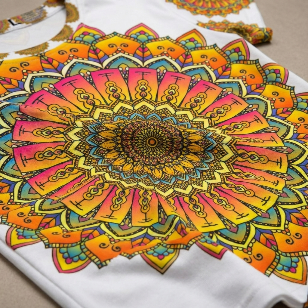 Lifestyle close-up of a colorful mandala art t-shirt with rainbow hues, highlighting soft fabric and detailed print, worn casually