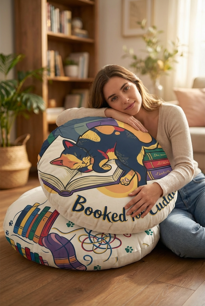 Dark Academia cat floor pillow in deep blue and warm ochre tones, round tufted cushion on a cozy reading nook setup; lifestyle shot showing the cat-over-books design, winter-inspired ambiance, and close-up textures suitable for commercial or editorial use.