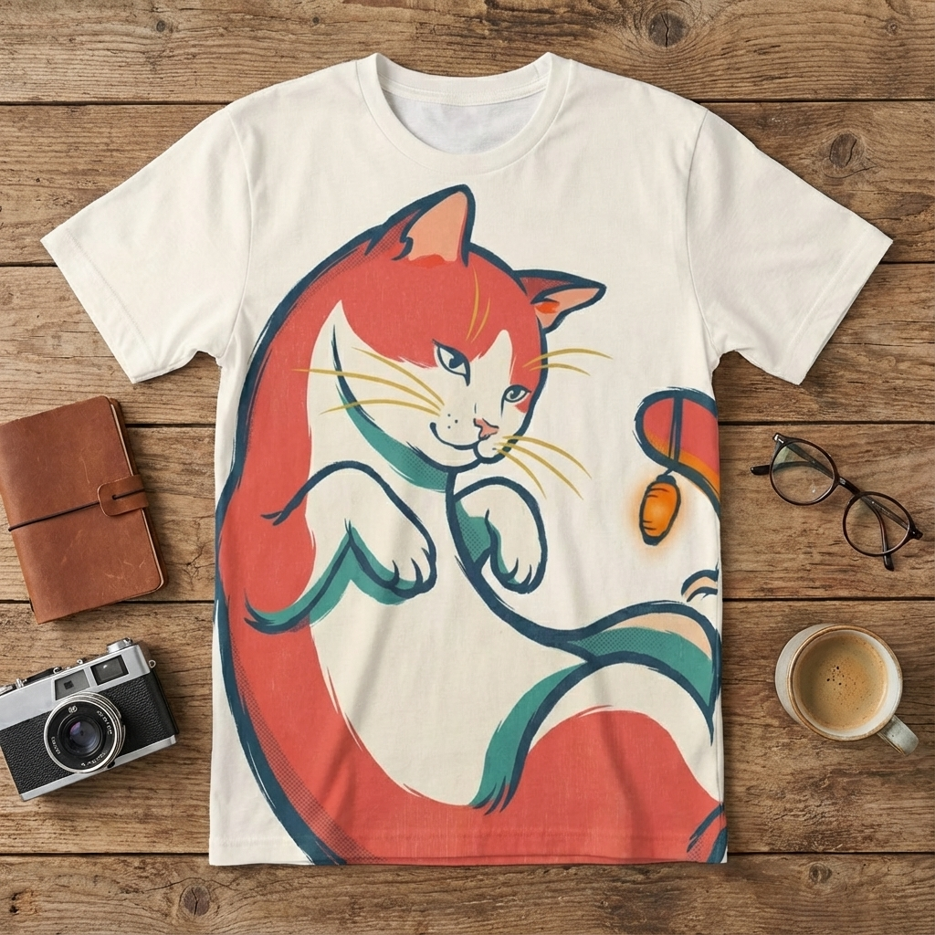 Red t-shirt featuring Crescent Nap Cat in Ukiyo-e warmth design; lifestyle studio shot showing a flatlay with the tee and neutral props, highlighting the simple, warm cat motif.