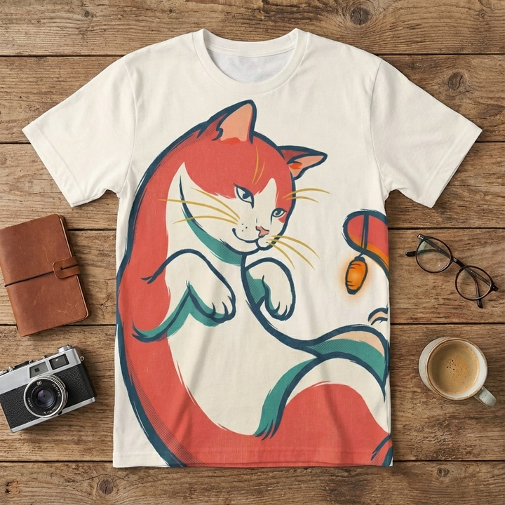 Red t-shirt featuring Crescent Nap Cat in Ukiyo-e warmth design; lifestyle studio shot showing a flatlay with the tee and neutral props, highlighting the simple, warm cat motif.