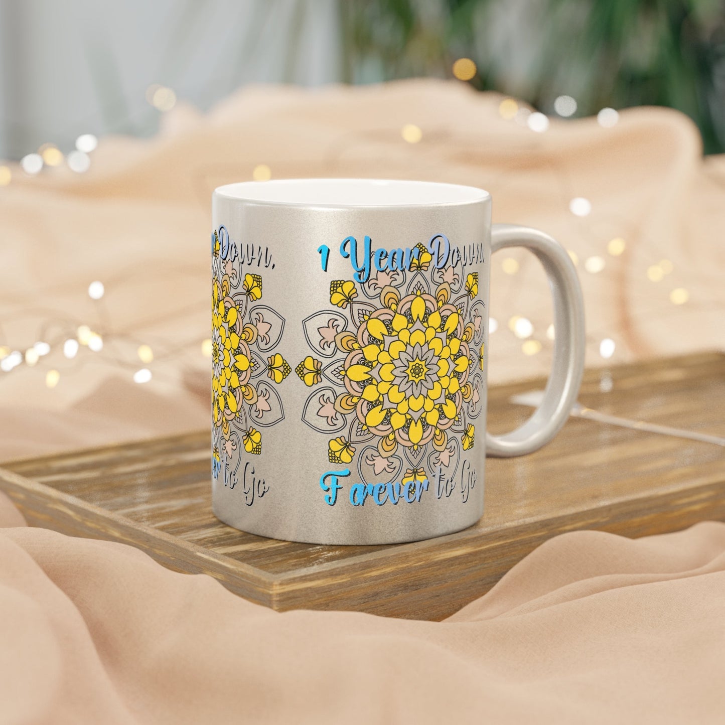 First Year Wedding Anniversary Gift - "1 Year Down, Forever to Go" Metallic Mug (Silver/Gold) - Blululi