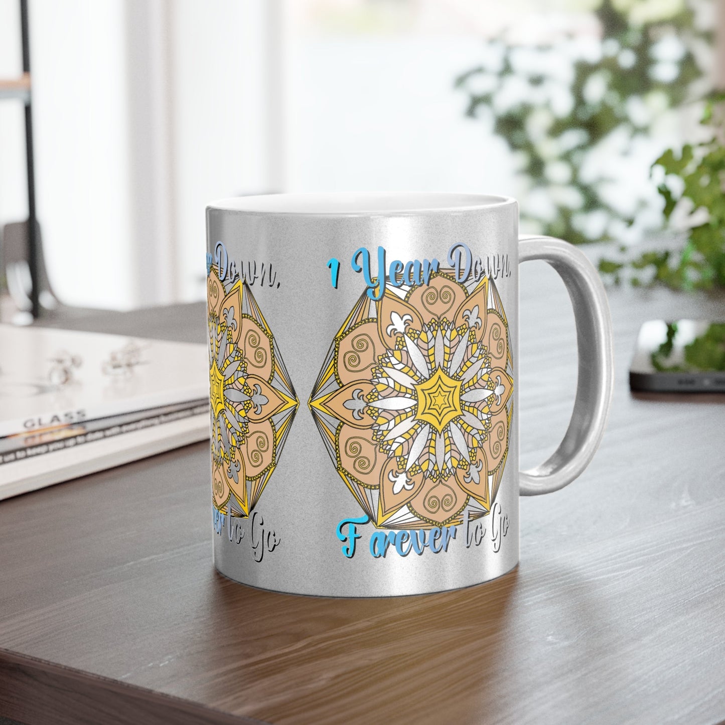 First Year Wedding Anniversary Gift - "1 Year Down, Forever to Go" Metallic Mug (Silver/Gold) - Blululi