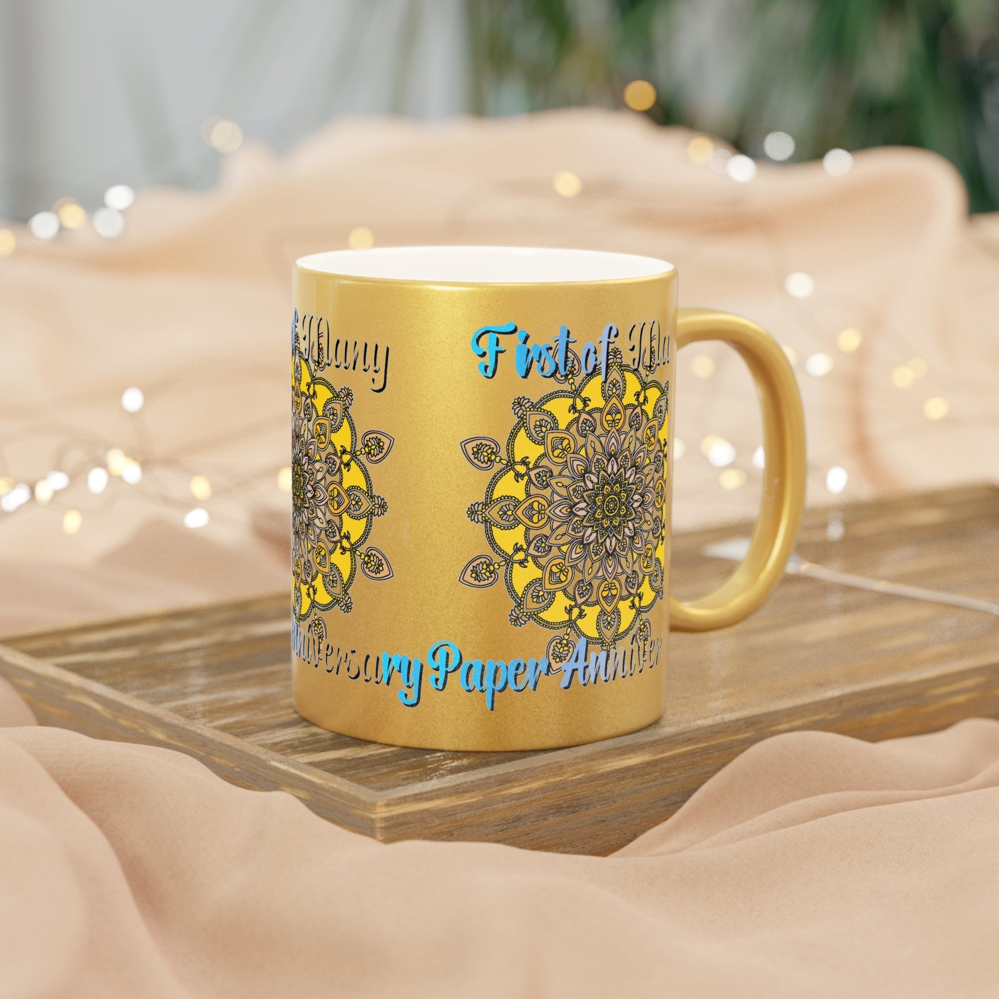 First Year Wedding Anniversary Gift - "First of Many, Paper Anniversary" Metallic Mug (Silver/Gold) - Blululi