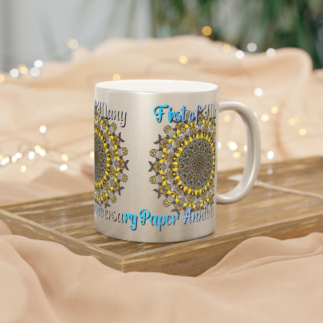 First Year Wedding Anniversary Gift - "First of Many, Paper Anniversary" Metallic Mug (Silver/Gold) - Blululi