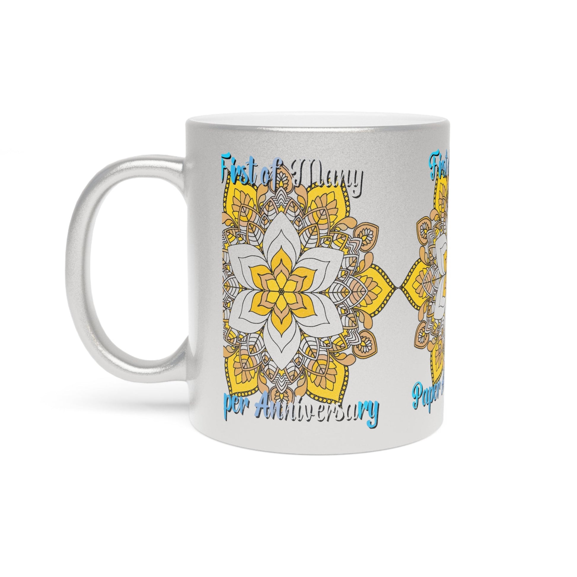 First Year Wedding Anniversary Gift - "First of Many, Paper Anniversary" Metallic Mug (Silver/Gold) - Blululi